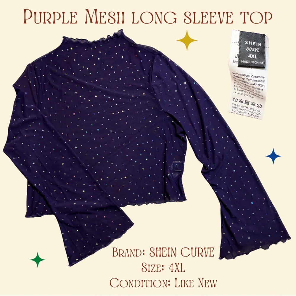 Purple Sparkly Long Sleeve Mesh Top